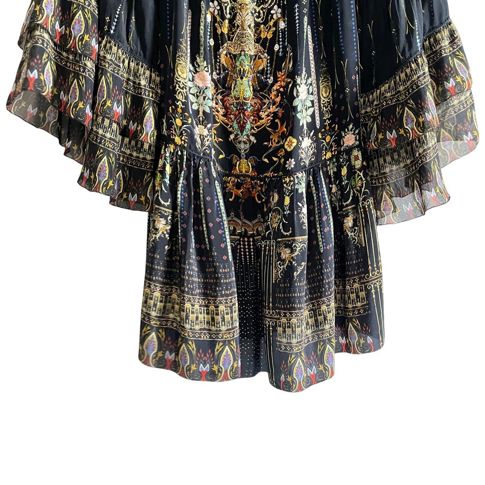 Camilla Rebelle Off Shoulder Beaded 100% Silk Dress Bell Sleeves Flowy XS Black - Picture 10 of 11